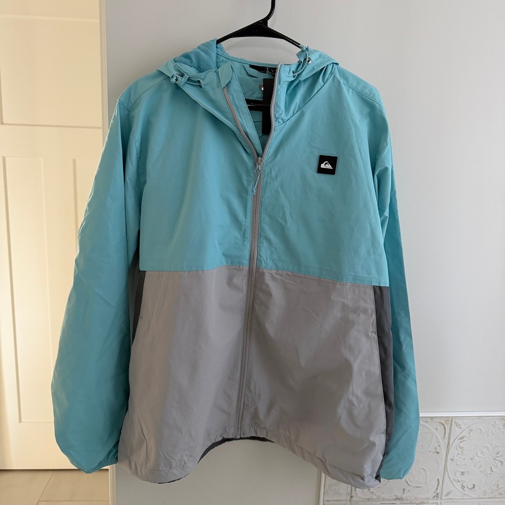 Quiksilver Colorblock Hooded Windbreaker Jacket Blue Gray XL Lightweight
